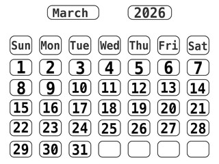 Black Line Art 2026 Calendar template with No Background, March 2026