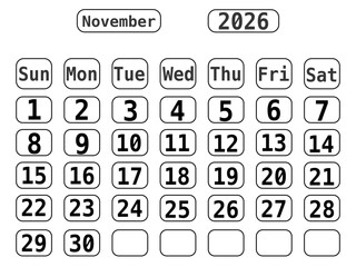 Black Line Art 2026 Calendar template with No Background, November 2026