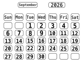 Black Line Art 2026 Calendar template with No Background, September 2026