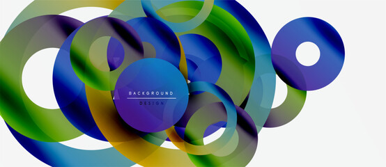 Abstract colorful circles overlap, creating dynamic visual effect. Modern design elements suggest fluidity, energy, innovation.