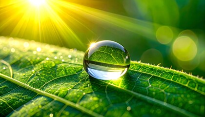 Sunlit Dewdrop on a Lush Green Leaf A Macro View of Nature's Beauty and Vitality