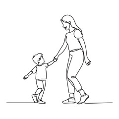 One single line Art drawing young happy mom and her son holding hands and dancing together graphic vector illustration. with white background