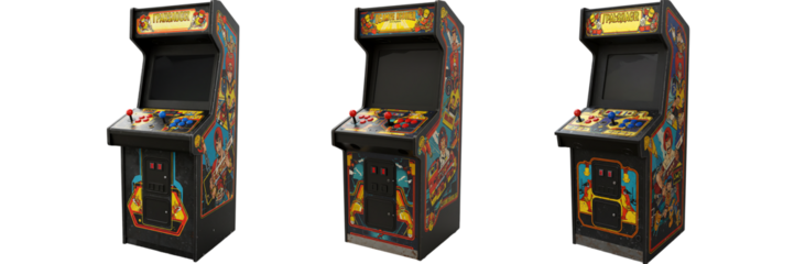 Vintage arcade game machines retro gaming cabinets isolated transparent background