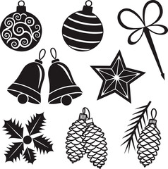 Christmas ornaments bells pine cones holly star and bow