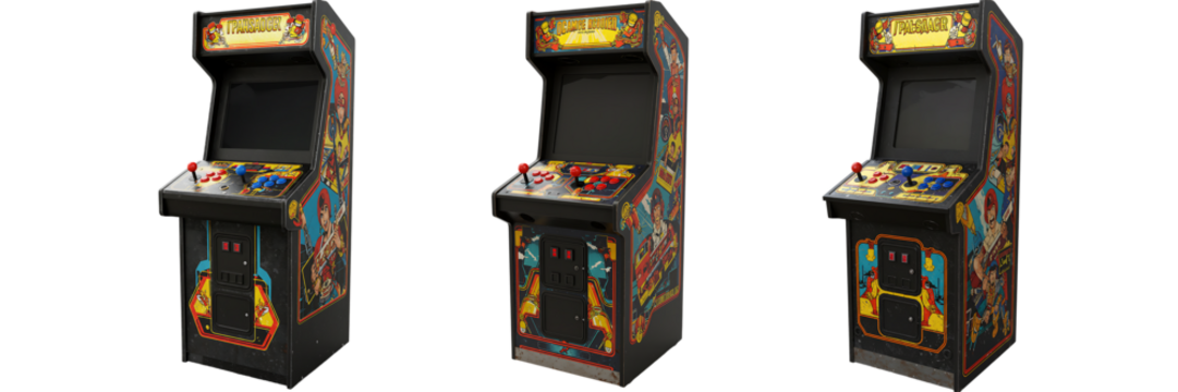 Vintage arcade game machines retro gaming cabinets isolated transparent background