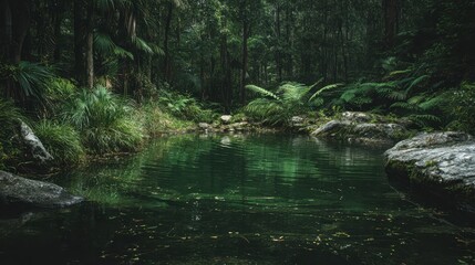 Serene Forest Pool with Dark Green Water and Lush Vegetation.