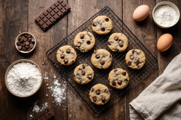 Fototapeta premium Photograph of chocolate chip cookies on a wire rack, with chocolate pieces, flour, eggs, and a chocolate bar on a wooden table.