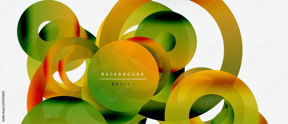 Poster abstract colorful circles overlap, creating dynamic composition. gradient shades blend, forming mode