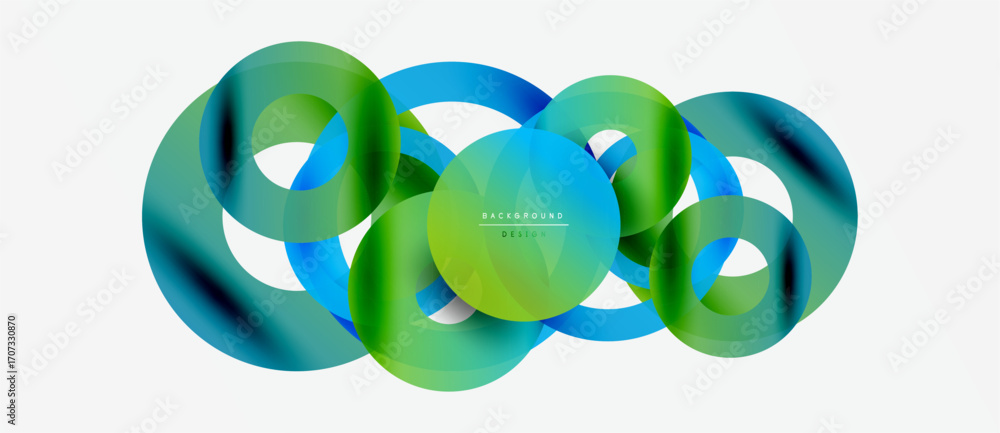 Poster abstract colorful circles overlap creating dynamic visual effect. gradient shades blend smoothly, fo