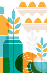 Food poster. Milk, eggs, oil and cereal. Silhouettes of organic products in retail shop.