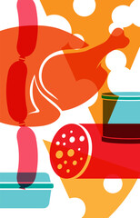 Food poster. Poutry, cheese and canned food. Silhouettes of meat products in retail shop.