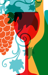 Food poster. Wine, grape, bottle and wine glass. Silhouettes of wine products in retail shop.