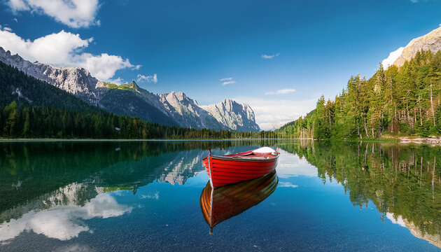 Red Rowboat Floating on a Calm Lake with Mountain and Forest Reflections red boat water