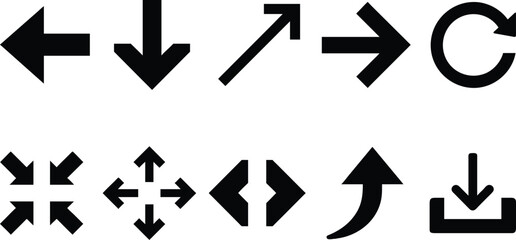 Navigation arrow solid icon pack in minimal black silhouette style on white background