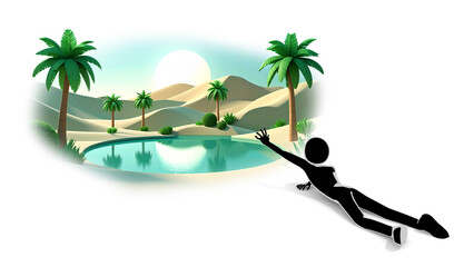 A 3D abstract illustration of a person's silhouette reaching for an oasis in the desert, symbolizing hope, life, and relief from the heat.