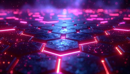 Futuristic high-tech surface with a glowing hexagonal pattern of pink and blue neon lights.