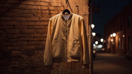 Fototapeta premium Pale yellow bomber jacket hangs on a wall at night