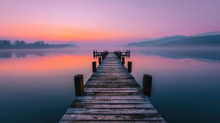 Obraz premium Serene Wooden Pier Extending into Misty Lake at Sunrise.