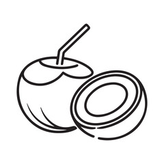 Single continuous line Art drawing whole and sliced healthy organic coconut for orchard logo identity. Fresh fruitage concept for fruit garden icon. with white background