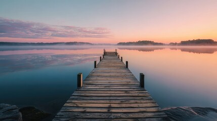 Fototapeta premium Serene Wooden Pier Extending into Misty Lake at Sunrise.