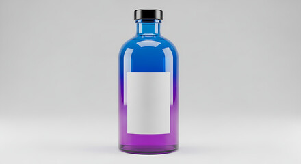 A tall glass bottle with a blue-to-purple ombre gradient and a blank white label for branding mock-ups.