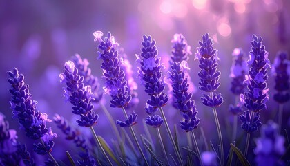 A beautiful display of vibrant lavender flowers, bathed in soft, warm light, creates a serene and peaceful atmosphere.