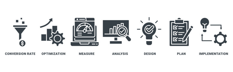 CRO icon set vector concept with icon of conversion rate, optimization, measure, analysis, design, plan, implementation 