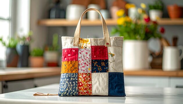 Patchwork tote bag with leather handles, multicolored fabric squares. - Powered by Adobe