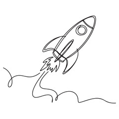One single line Art drawing of simple vintage rocket takes off into the outer space vector graphic illustration. with white background