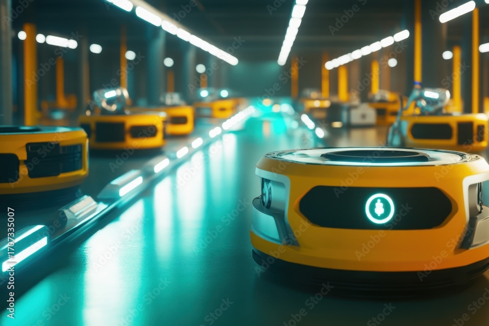 Poster modern automated robots operate in a high-tech facility during daytime