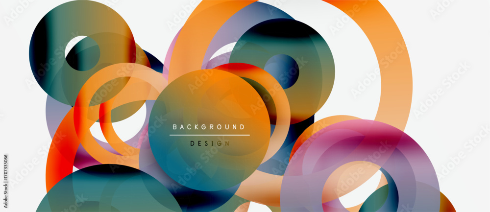 Poster abstract colorful circles overlap. modern design features gradients, transparency, smooth shapes. ba