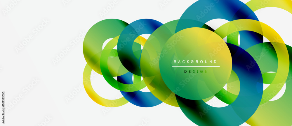 Poster abstract colorful circles overlap, creating dynamic visual effect. gradient shades blend yellow, gre