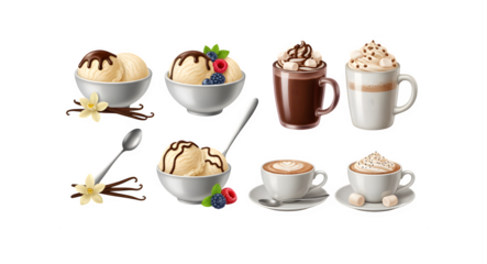 A realistic collection of vanilla treats and beverages: cupcakes, milkshakes, ice cream, hot chocolate, and coffee. Vector illustrations