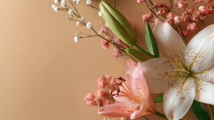 White and Pink Lily Flowers with Baby’s Breath on Warm Beige Background

