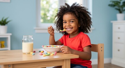 Little black girl eating breakfast cereal