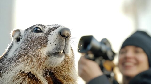 A person taking a photo of a groundhog in its natural habitat, suitable for use in wildlife or nature-related contexts