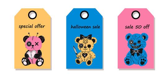 Discount Price Tags with Colorful Halloween Bears with Horror Elements 