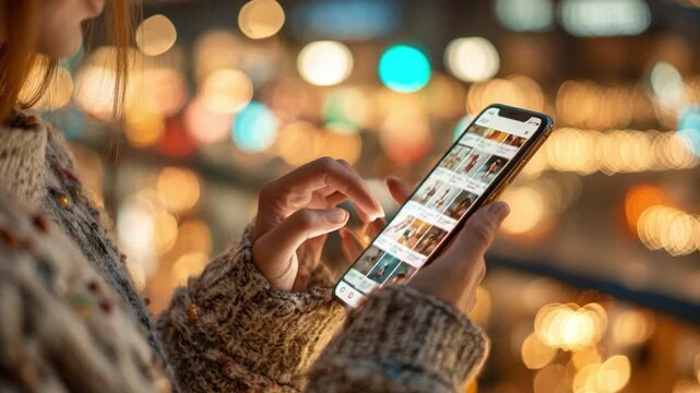 Young woman browsing lifestyle photos on a smartphone while enjoying a cozy evening setting with glowing city lights in the background