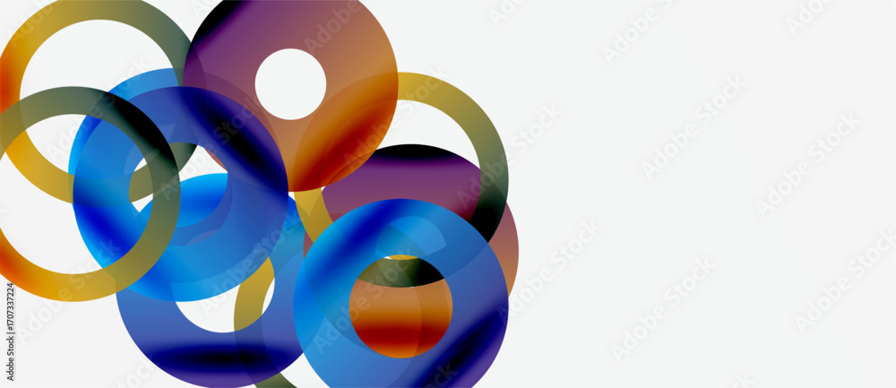 Poster abstract colorful circles overlap, creating dynamic composition. bright hues blend, forming modern v
