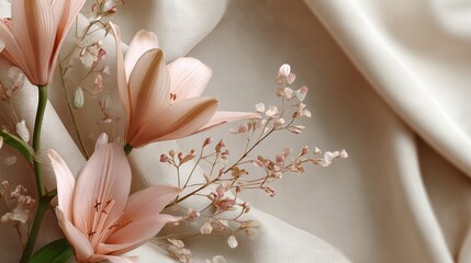 Soft Pink Lilies with Baby’s Breath on Elegant Beige Fabric
