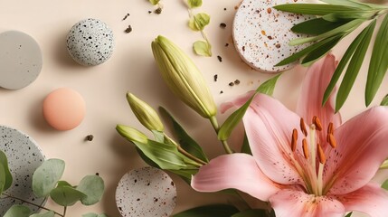 Pink Lily Flowers with Eucalyptus Leaves on Soft Beige Background
