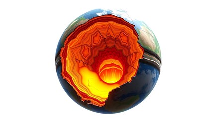3D Earth illustration showing core, geological layers, magma on white.