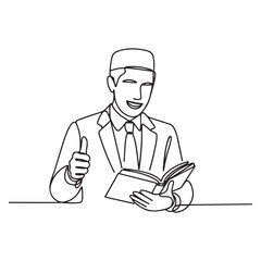 One single line Art drawing of young male muslim businessman giving thumbs up getures while read a book. with white background