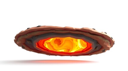 3D Earth illustration showing core, geological layers, magma on white.