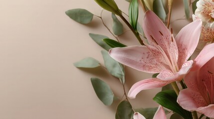 Pink Lily Flowers with Eucalyptus Leaves on Soft Beige Background

