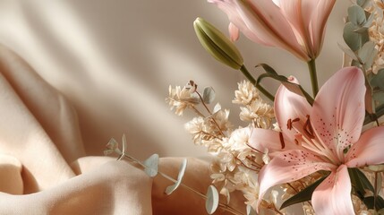 Soft Pink Lilies with Baby’s Breath on Elegant Beige Fabric
