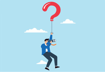 Businessman flying with question mark balloon and holding telescope search for answer