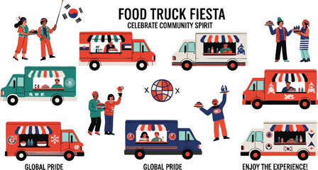 Global Food Truck Fiesta Diverse Cuisine Community Spirit Vector Illustration