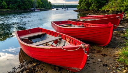 A line of vibrant red rowboats resting on the shore of a calm river.