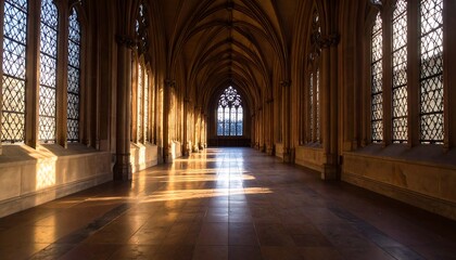 Obraz premium Sunlight streams through a long, vaulted Gothic cloister